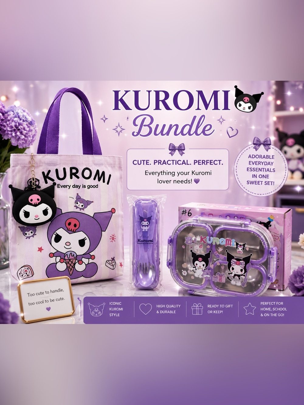 💜 NEW Kuromi Bento Lunch Box, Tote & Accessories Bundle 💜 - ERV $75